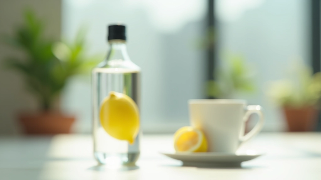 Hydration setup with water bottle, lemon, and herbal tea on minimalist desk workspace
