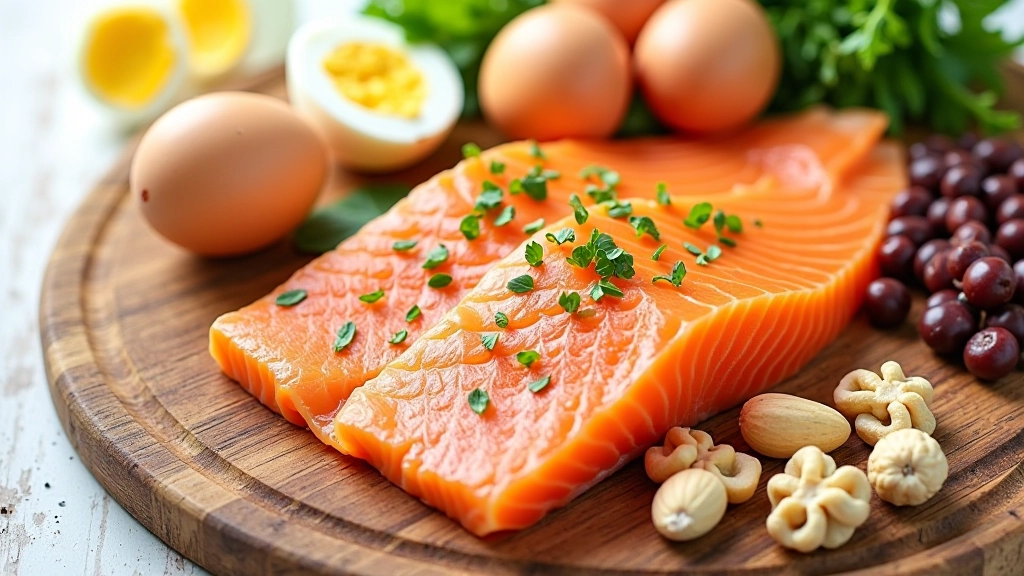Arranged selection of protein sources including fish, eggs, legumes, and nuts on wooden board