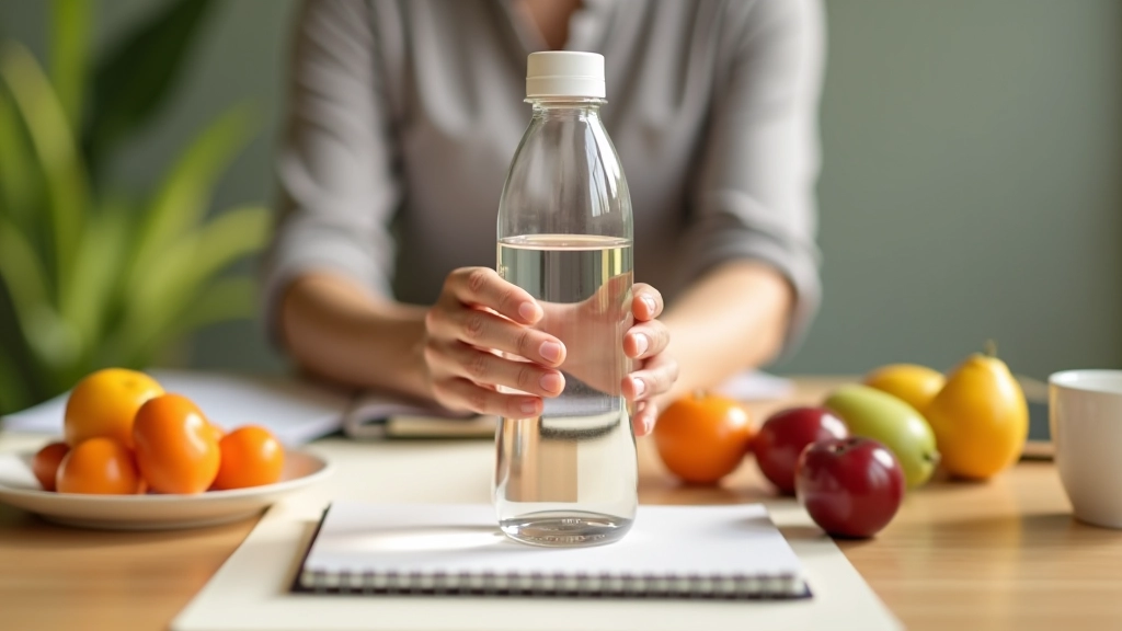 Hands holding a water bottle and healthy snack near a notebook, natural sunlight on wooden table