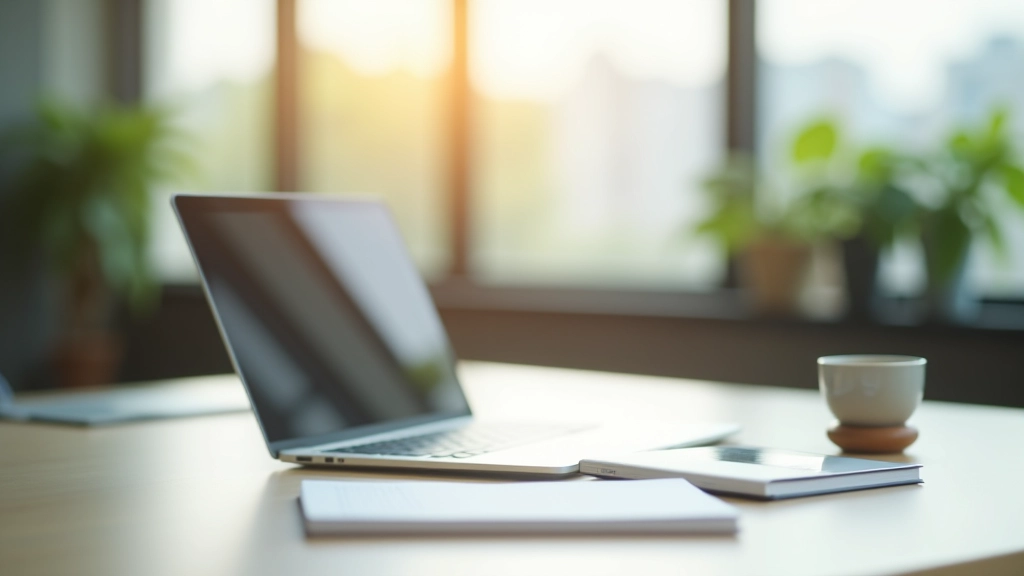 Professional workspace with organized desk, morning light streaming through office window