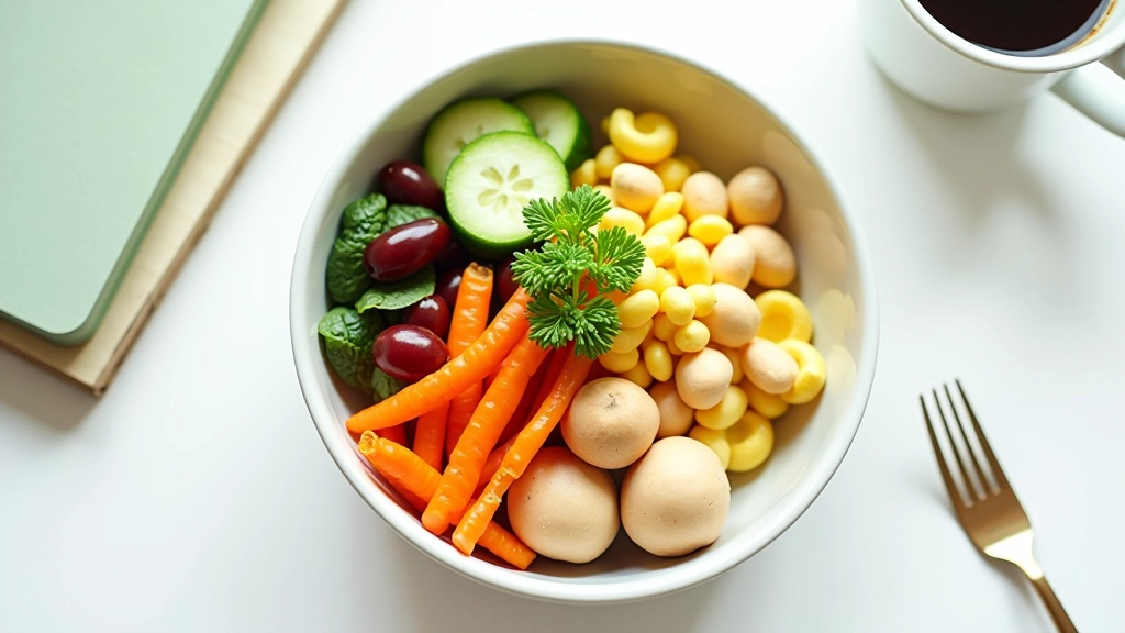 Healthy meal bowl with proteins, greens, and grains on desk workspace