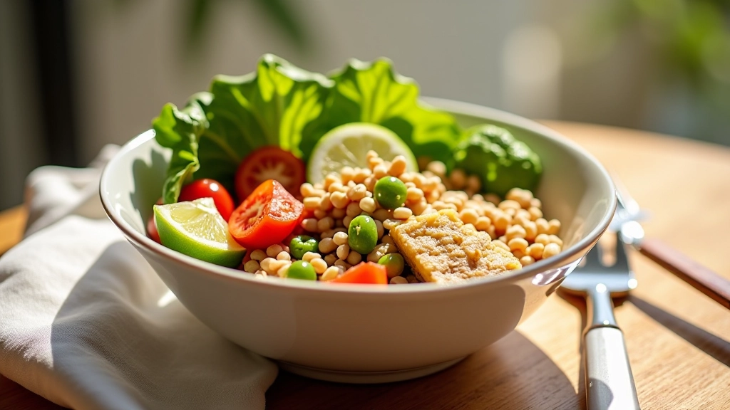 Healthy lunch spread with balanced nutrition showing proteins, vegetables, and whole grains on a plate