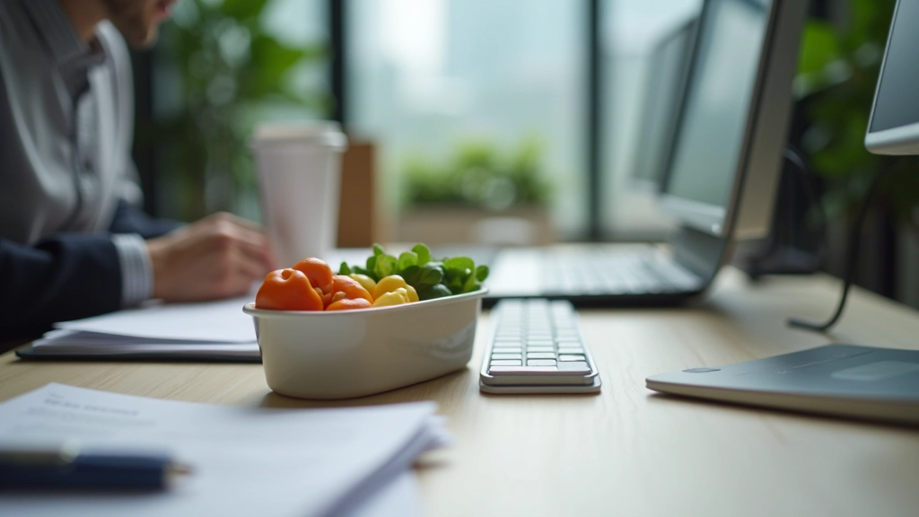 Professional desk with lunch container, coffee, and work materials during busy workday