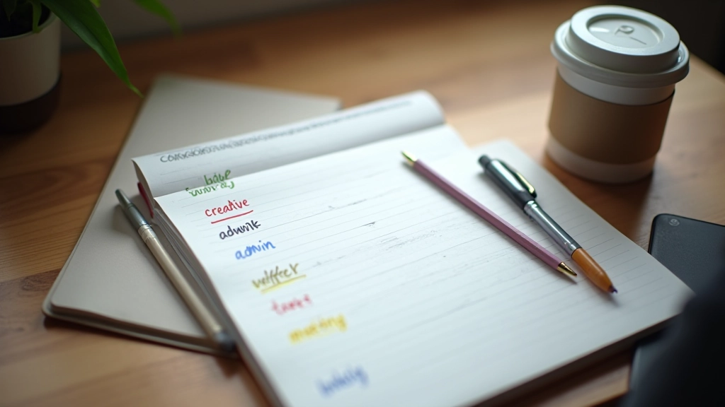 Notebook showing categorized task list with color-coded priority levels and time blocks
