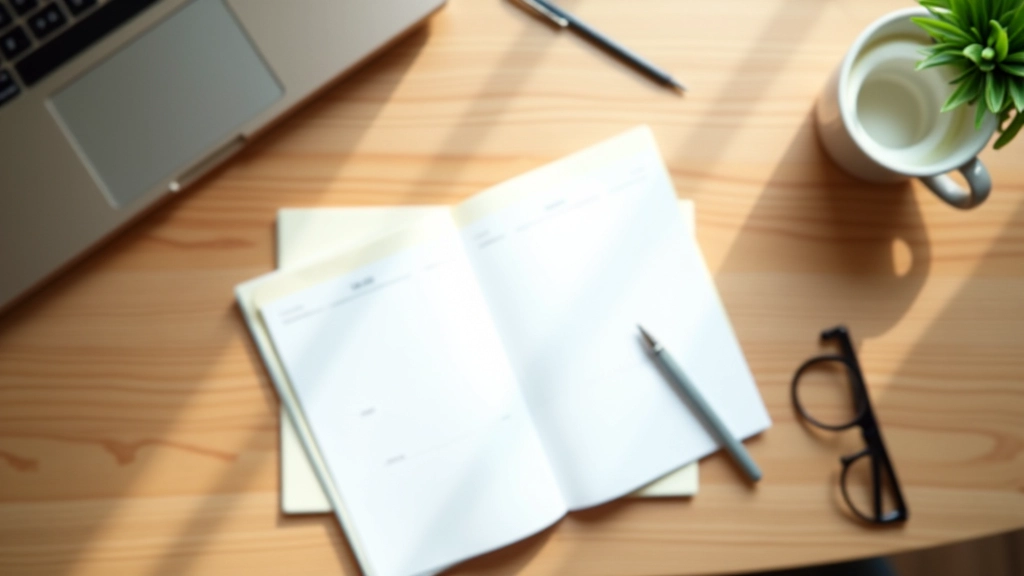 Organized desk with calendar, notebook and pen, morning sunlight, clean minimalist workspace