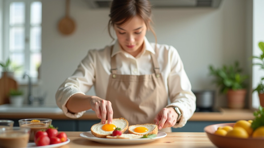 Person preparing a balanced breakfast with eggs, whole grain toast, and fresh berries in modern kitchen
