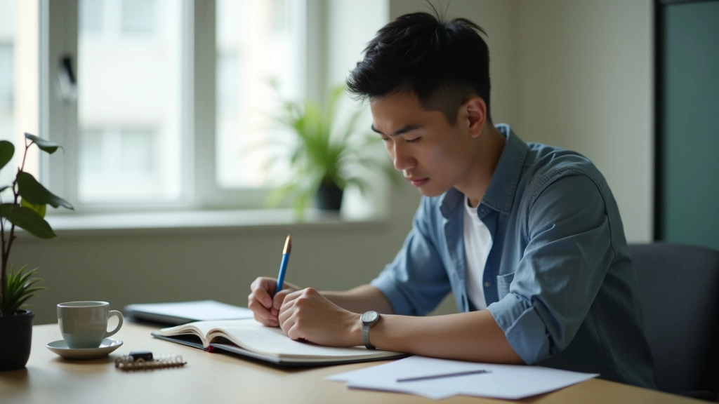 Person tracking energy levels in notebook with morning coffee on desk, warm natural lighting