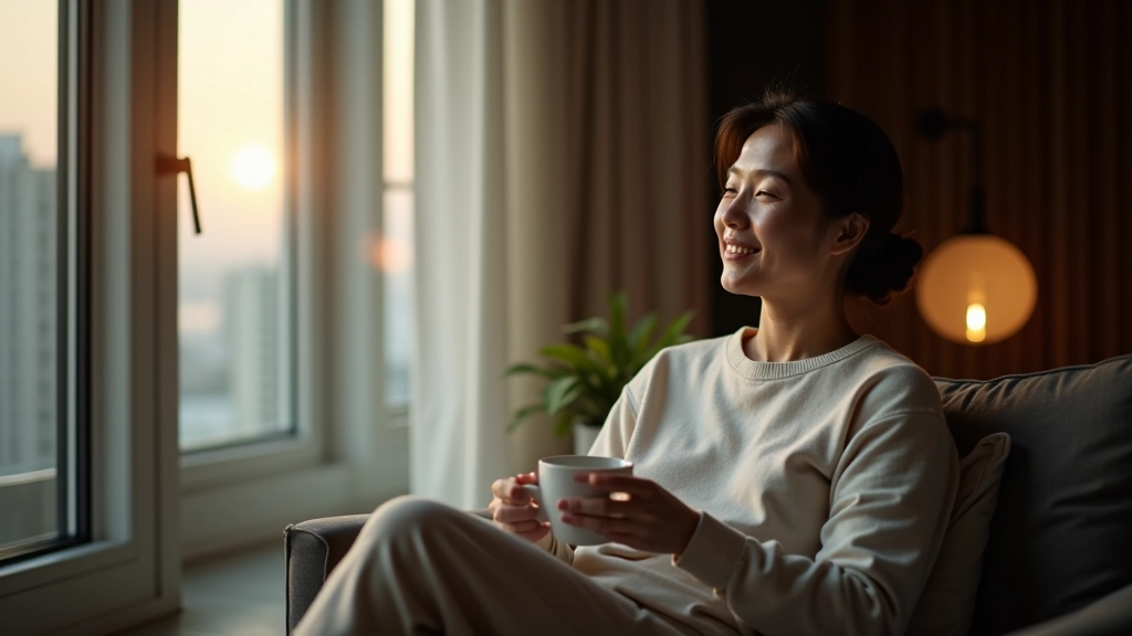 Person relaxing at home after productive workday, sitting by window with tea, calm expression