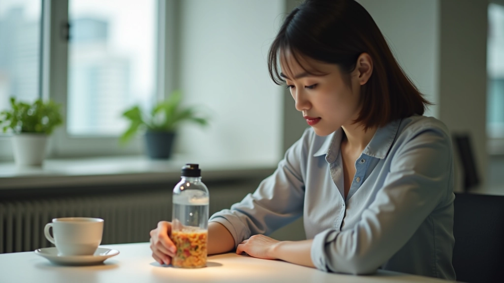 Person taking a break with water bottle and healthy snack, desk workspace visible