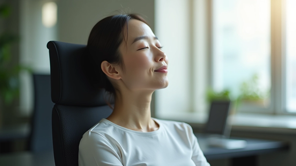 Person relaxing in office space with closed eyes, peaceful expression, natural window lighting