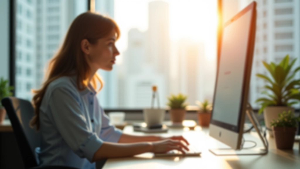 Person working at laptop in bright morning office with sunlight streaming through window