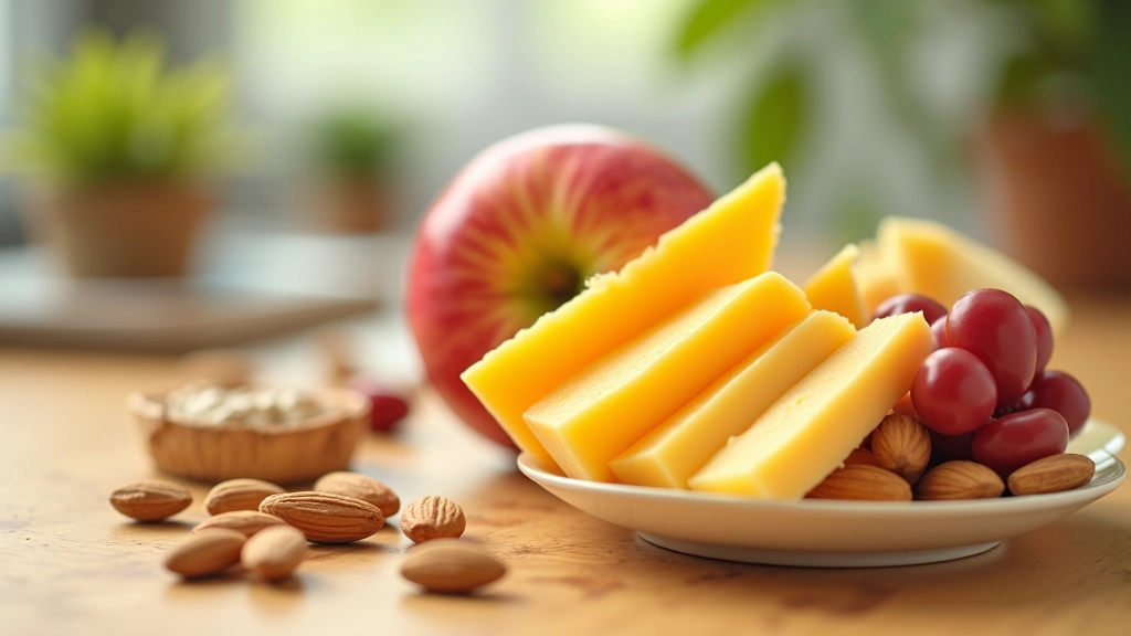 Selection of healthy snacks including almonds, cheese, apple, and protein bar arranged on desk with notebook