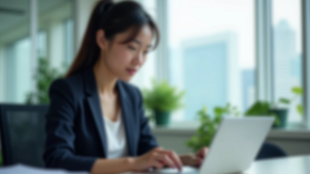 Professional woman at desk in focused work position, blocked calendar on computer screen, office environment